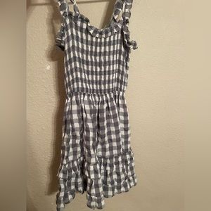 Ruched top, grey + white plaid summer dress. Double tie back. Never worn